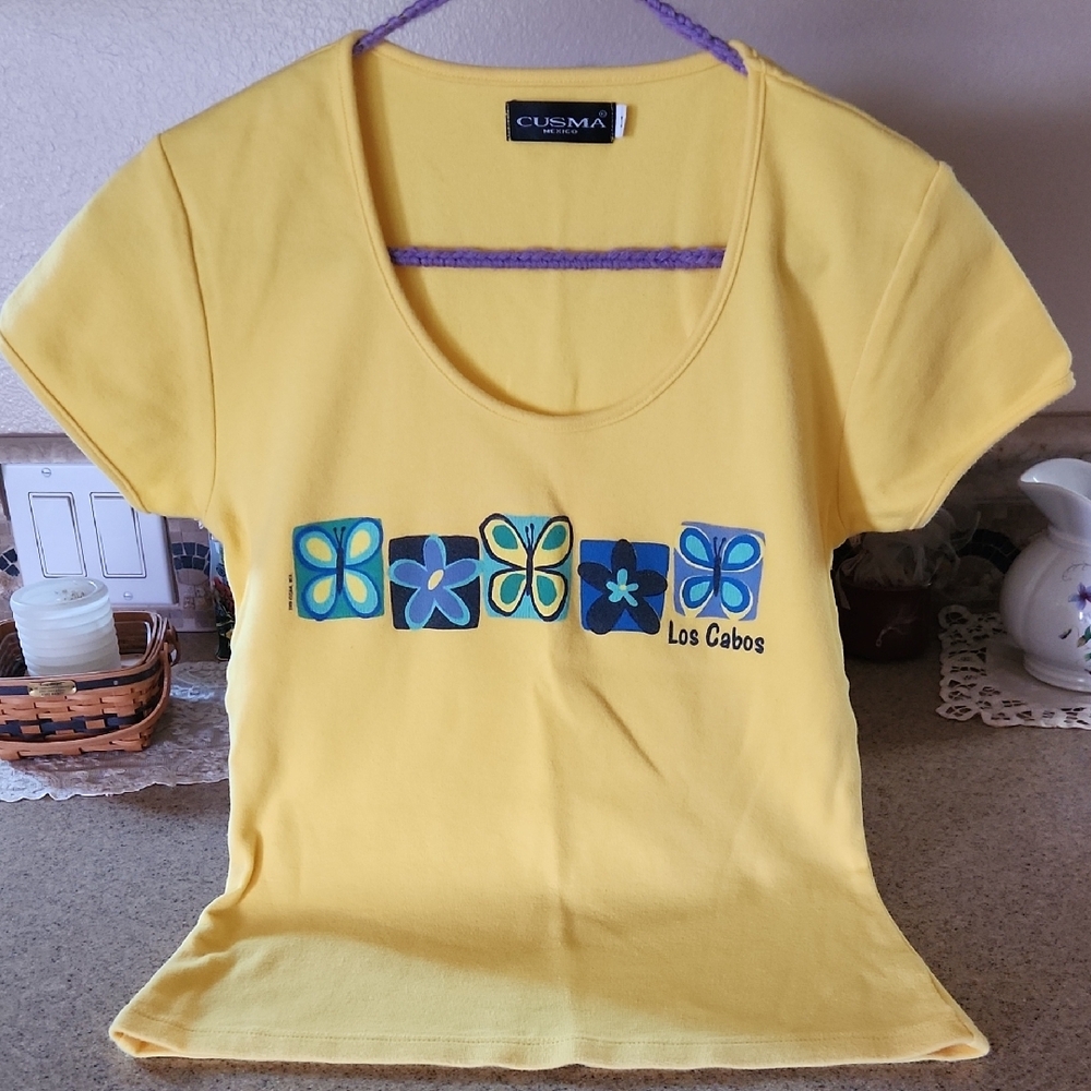 Yellow Fitted Cap Sleeve T-Shirt with Blue Floral Accents